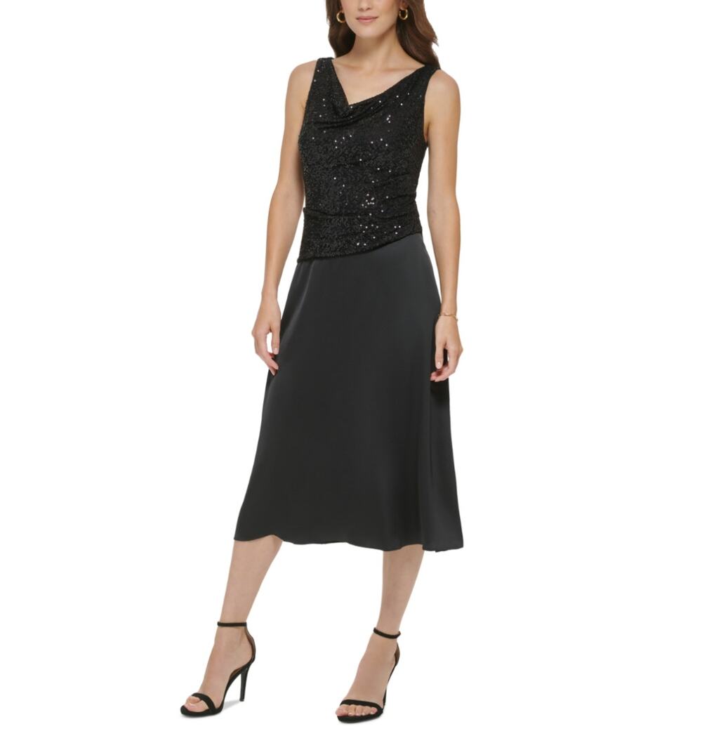 DKNY Black Cocktail Party Dress Sequined Satin Sleeveless A-Line Midi Size 4